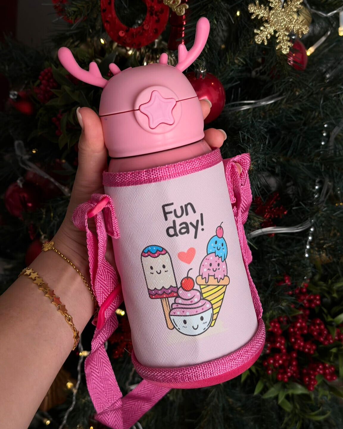 Sevimli Karakterler Paslanmaz Çelik Kılıflı Çocuk Termos Suluk 500 ml (Pembe)