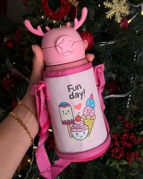 Sevimli Karakterler Paslanmaz Çelik Kılıflı Çocuk Termos Suluk 500 ml (Pembe)