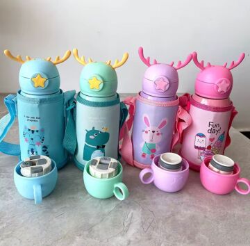 Sevimli Karakterler Paslanmaz Çelik Kılıflı Çocuk Termos Suluk 500 ml (Pembe)