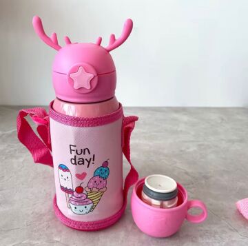 Sevimli Karakterler Paslanmaz Çelik Kılıflı Çocuk Termos Suluk 500 ml (Pembe)