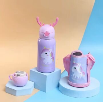 Sevimli Karakterler Paslanmaz Çelik Kılıflı Çocuk Termos Suluk 500 ml (Lila)