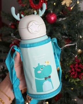 Sevimli Karakterler Paslanmaz Çelik Kılıflı Çocuk Termos Suluk 500 ml (Yeşil)