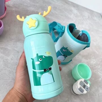 Sevimli Karakterler Paslanmaz Çelik Kılıflı Çocuk Termos Suluk 500 ml (Yeşil)