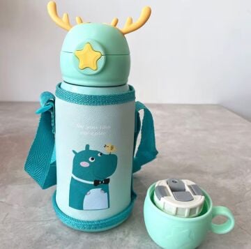 Sevimli Karakterler Paslanmaz Çelik Kılıflı Çocuk Termos Suluk 500 ml (Yeşil)