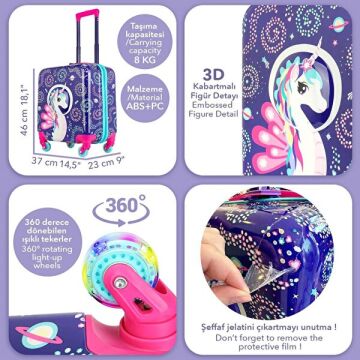 Renkli Işıklı Tekerlekli Çekçekli Çocuk Valiz 3D Ayris Tasarımlı
