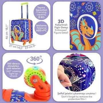 Renkli Işıklı Tekerlekli Çekçekli Çocuk Valiz 3D Ponix Tasarımlı