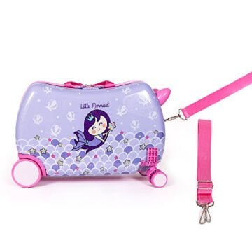 Pırıltılı Deniz Kızı Binilebilir Çocuk Valizi, 360° Tekerlekli, Ayak Destekli