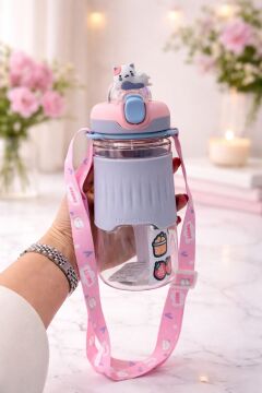 600ml Sevimli Hayvanlar Figürlü Silikon Pipetli Özel Askılı Polikarbon Çocuk Su Matarası Pembe