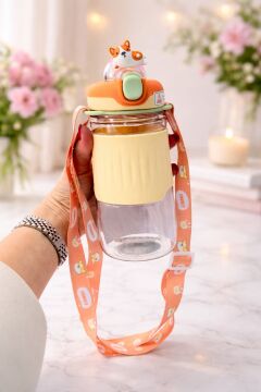 600ml Sevimli Hayvanlar Figürlü Silikon Pipetli Özel Askılı Polikarbon Çocuk Su Matarası Sarı