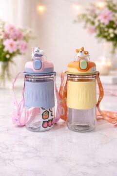 600ml Sevimli Hayvanlar Figürlü Silikon Pipetli Özel Askılı Polikarbon Çocuk Su Matarası Sarı