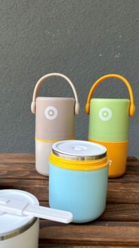 820 ML Sızdırmaz 2 Kaseli 304 Paslanmaz Çelik Lunch Box Yeni Nesil Sefer Tası Kaşıklı Askılı - Yeşil