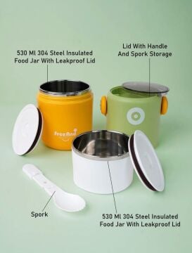 820 ML Sızdırmaz 2 Kaseli 304 Paslanmaz Çelik Lunch Box Yeni Nesil Sefer Tası Kaşıklı Askılı - Yeşil