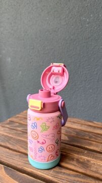 360 ML Çocuk Termosu Tek Kapak Çift Kullanım Pipetli Rahat İçim Kulplu Paslanmaz Çelik Termos Pembe