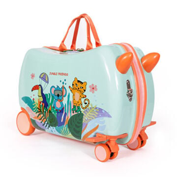 Milk&Moo Jungle Friends Binilebilir Çocuk Valizi, 360° Tekerlekli, Ayak Destekli