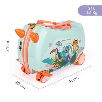 Milk&Moo Jungle Friends Binilebilir Çocuk Valizi, 360° Tekerlekli, Ayak Destekli