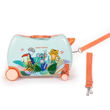 Milk&Moo Jungle Friends Binilebilir Çocuk Valizi, 360° Tekerlekli, Ayak Destekli