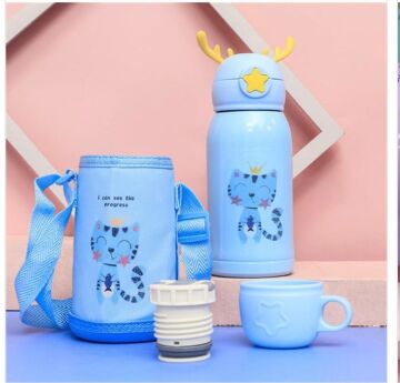 Sevimli Karakterler Paslanmaz Çelik Kılıflı Çocuk Termos Suluk 500 ml (Mavi)